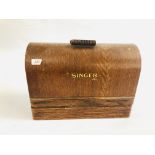 A VINTAGE WOODEN CASED SINGER HAND SEWING MACHINE