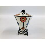 A LORNA BAILEY LIDDED POT "DECO DESIGN" BEARING SIGNATURE H 17CM.