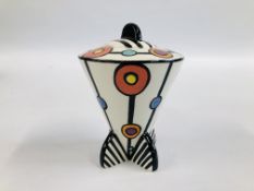 A LORNA BAILEY LIDDED POT "DECO DESIGN" BEARING SIGNATURE H 17CM.