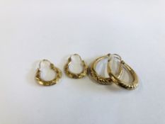 TWO PAIRS OF 9CT GOLD HOOP EARRINGS.