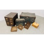 A COLLECTION OF VINTAGE WOODEN BOXES AND FILING BOX INCLUDING GPO ETC.