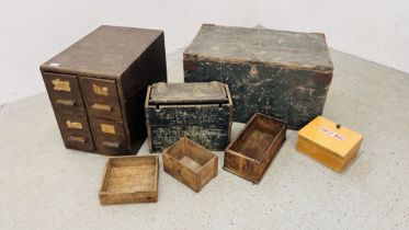 A COLLECTION OF VINTAGE WOODEN BOXES AND FILING BOX INCLUDING GPO ETC.