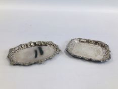 TWO WHITE METAL MINIATURE SALVERS 14 X 14CM SQUARE THE OTHER W 16CM X D 13.5CM.