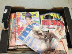 A BOX CONTAINING APPROXIMATELY 63 EROTIC MAGAZINES TO INCLUDE FIESTA, MAYFAIR, LOVE BIRDS ETC.