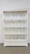 A WHITE PAINTED FOUR TIER BOOKSHELF WITH DRAWERS TO BASE - HEIGHT 200CM. WIDTH 132CM. DEPTH 30CM.