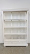 A WHITE PAINTED FOUR TIER BOOKSHELF WITH DRAWERS TO BASE - HEIGHT 200CM. WIDTH 132CM. DEPTH 30CM.