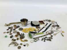 A BOX OF ASSORTED COLLECTABLES TO INCLUDE VINTAGE BUTTON AND ENAMELLED BADGES,