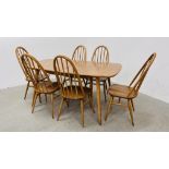 A RECTANGULAR ERCOL BLONDE EXTENDING DINING TABLE ALONG WITH 6 MATCHING ERCOL LOW BACK DINING