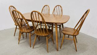 A RECTANGULAR ERCOL BLONDE EXTENDING DINING TABLE ALONG WITH 6 MATCHING ERCOL LOW BACK DINING