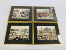 4 FRAMED AND MOUNTED LOWRY PRINTS 22CM X 16CM.