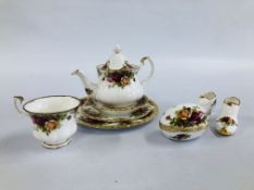 A ROYAL ALBERT OLD COUNTRY ROSES BREAKFAST SET A LONG WITH AN EGG SHAPED TRINKET AND A PAIR OF