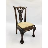 AN ELABORATE REPRODUCTION MAHOGANY CHILD'S CHAIR ON BALL AND CLAW FEET, H 64CM.