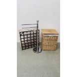 A MODERN CANE LINEN BASKET AND CHROME FINISH TOWEL RAIL AND WINE RACK