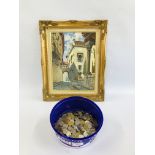 COLLECTION OF MIXED COINAGE INCLUDING SOME FOREIGN ALONG WITH AN OIL ON CANVAS OF STREET SCENE