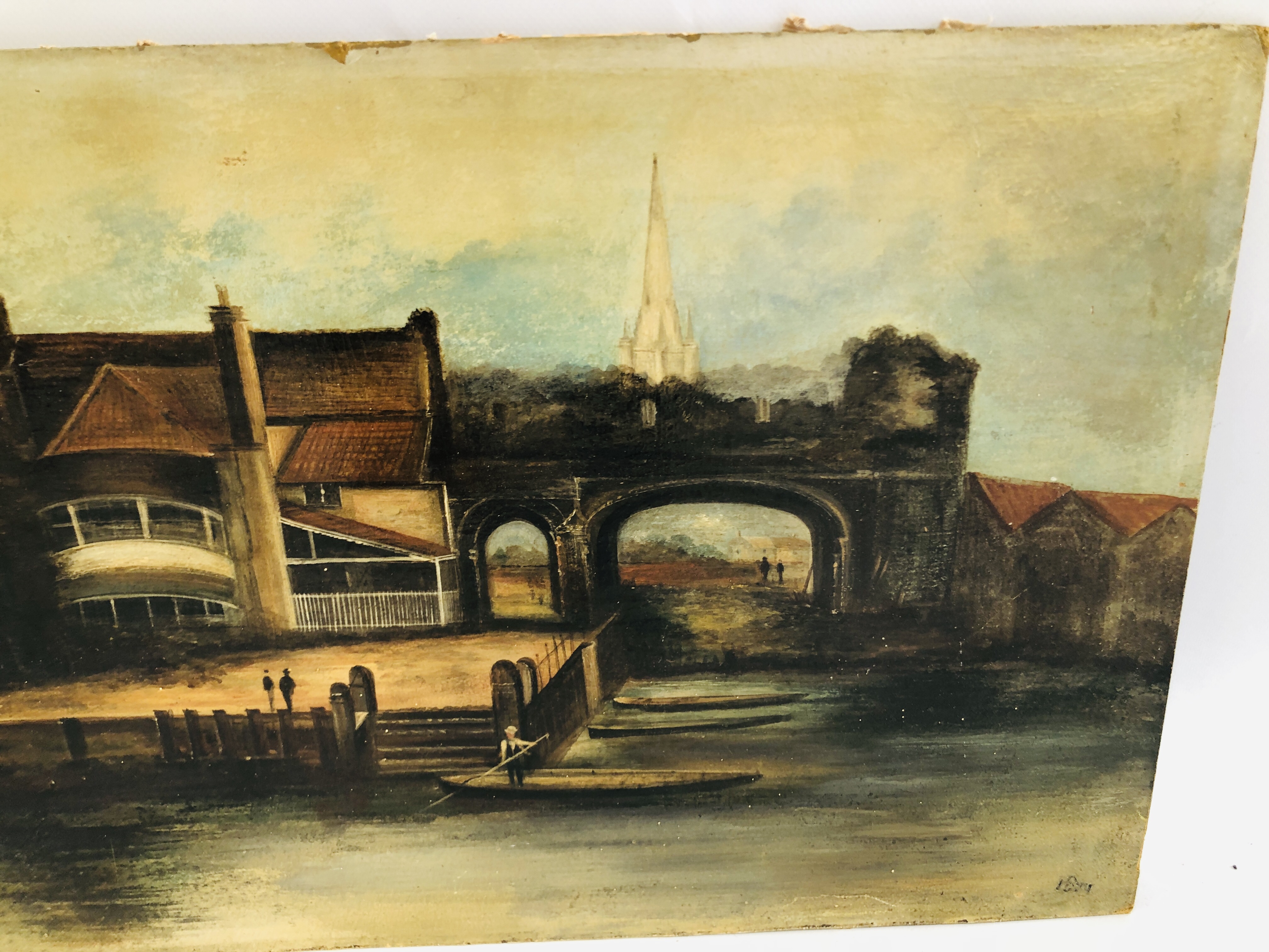 NORWICH SCHOOL (19TH CENTURY) 'PULL'S FERRY' OIL ON BOARD DATED 1874 - 34 X 55CM. - Image 3 of 5