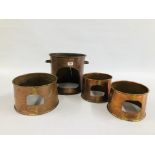4 PIECES OF CYLINDRICAL COPPER WARE TO INCLUDE TWIN HANDLED HAMMERED EXAMPLE - 29CM DIAMETER X 28CM