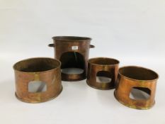 4 PIECES OF CYLINDRICAL COPPER WARE TO INCLUDE TWIN HANDLED HAMMERED EXAMPLE - 29CM DIAMETER X 28CM