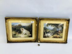 A PAIR OF VINTAGE GILT FRAMED ORIGINAL WATERCOLOURS DEPICTING TERRIERES IN A WOODLAND SCENE BEARING