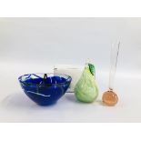 A SWEDISH KOSTA BODA BLUE GLASS DISH BY ANNA EHRNER RETAINING ORIGINAL LABEL AND BOX H 8CM X DIA 15.