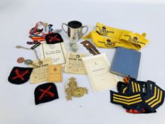 VINTAGE WWII MAPPIN & WEBB OFFICERS TANKARD WITH CROWSFOOT MARK + NUMEROUS MILITARY CLOTH BADGES +