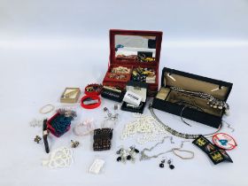 A JEWELLERY BOX AND CONTENTS TO INCLUDE BEADED NECKLACES AND EARRINGS + A FURTHER TWO BOXES