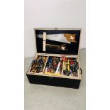 A HEAVY DUTY TOOL CHEST COMPLETE WITH MIXED TOOLS TO INCLUDE CHISELS, DRILL BITS, PLIERS,