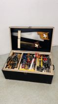 A HEAVY DUTY TOOL CHEST COMPLETE WITH MIXED TOOLS TO INCLUDE CHISELS, DRILL BITS, PLIERS,