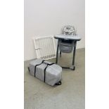 JOIE BABY TODDLER HIGH CHAIR ALONG WITH METAL FRAMED BABY STAIR GATE AND HAUCK TRAVELLING COT.