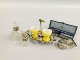 TWO SILVER NAPKIN RINGS AND A CASED SILVER SPOON BIRMINGHAM ASSAY ALONG WITH A VINTAGE WHITE METAL