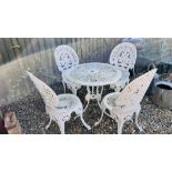 A SET OF DECORATIVE CAST ALUMINIUM PATIO FURNITURE COMPRISING CIRCULAR TABLE AND FOUR CHAIRS (TABLE