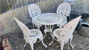 A SET OF DECORATIVE CAST ALUMINIUM PATIO FURNITURE COMPRISING CIRCULAR TABLE AND FOUR CHAIRS (TABLE