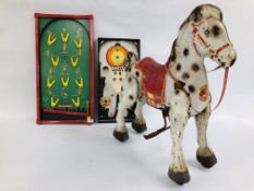 VINTAGE "BIG SHOT" BAGATELLE AND PIN FOOTBALL GAMES PLUS TIN PLATE "MOBO" HORSE