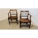 TWO ANTIQUE MAHOGANY FRAMED ELM SEATED ARM CHAIRS