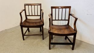 TWO ANTIQUE MAHOGANY FRAMED ELM SEATED ARM CHAIRS