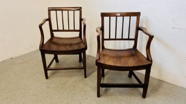 TWO ANTIQUE MAHOGANY FRAMED ELM SEATED ARM CHAIRS