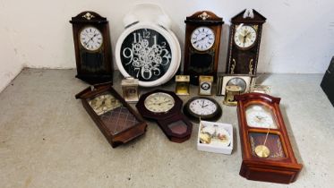 A COLLECTION OF FIFTEEN VARIOUS WALL AND MANTEL CLOCKS TO INCLUDE OVERSIZE ALARM DESIGN, ACTION ETC.