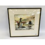 FRAMED WATERCOLOUR "GADWELL AND POCHARD" BEARING SIGNATURE FRANK SOUTHGATE, W 28CM X H 23CM.