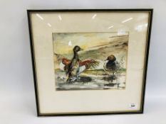 FRAMED WATERCOLOUR "GADWELL AND POCHARD" BEARING SIGNATURE FRANK SOUTHGATE, W 28CM X H 23CM.