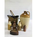A LARGE VINTAGE STONEWARE FLAGON ALONG WITH A FURTHER 4 VINTAGE STONEWARE GINGER BEER BOTTLES OF