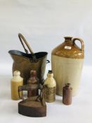 A LARGE VINTAGE STONEWARE FLAGON ALONG WITH A FURTHER 4 VINTAGE STONEWARE GINGER BEER BOTTLES OF