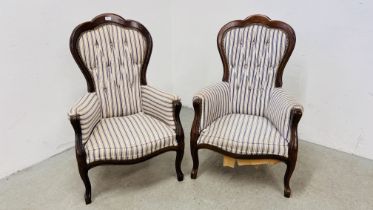 A PAIR OF VICTORIAN STYLE BUTTON BACK NURSING CHAIRS, UPHOLSTERED IN BLUE STRIPED MATERIAL.