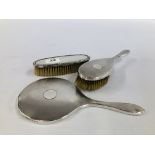 A VINTAGE SILVER BACKED DRESSING MIRROR AND BRUSH, LONDON ASSAY + A FURTHER BRUSH BIRMINGHAM ASSAY.