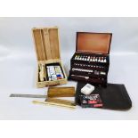 A BOX CONTAINING ARTIST EQUIPMENT TO INCLUDE ROYAL LANGNICKEL 3 DRAWER CHEST CONTAINING OIL,