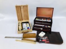 A BOX CONTAINING ARTIST EQUIPMENT TO INCLUDE ROYAL LANGNICKEL 3 DRAWER CHEST CONTAINING OIL,