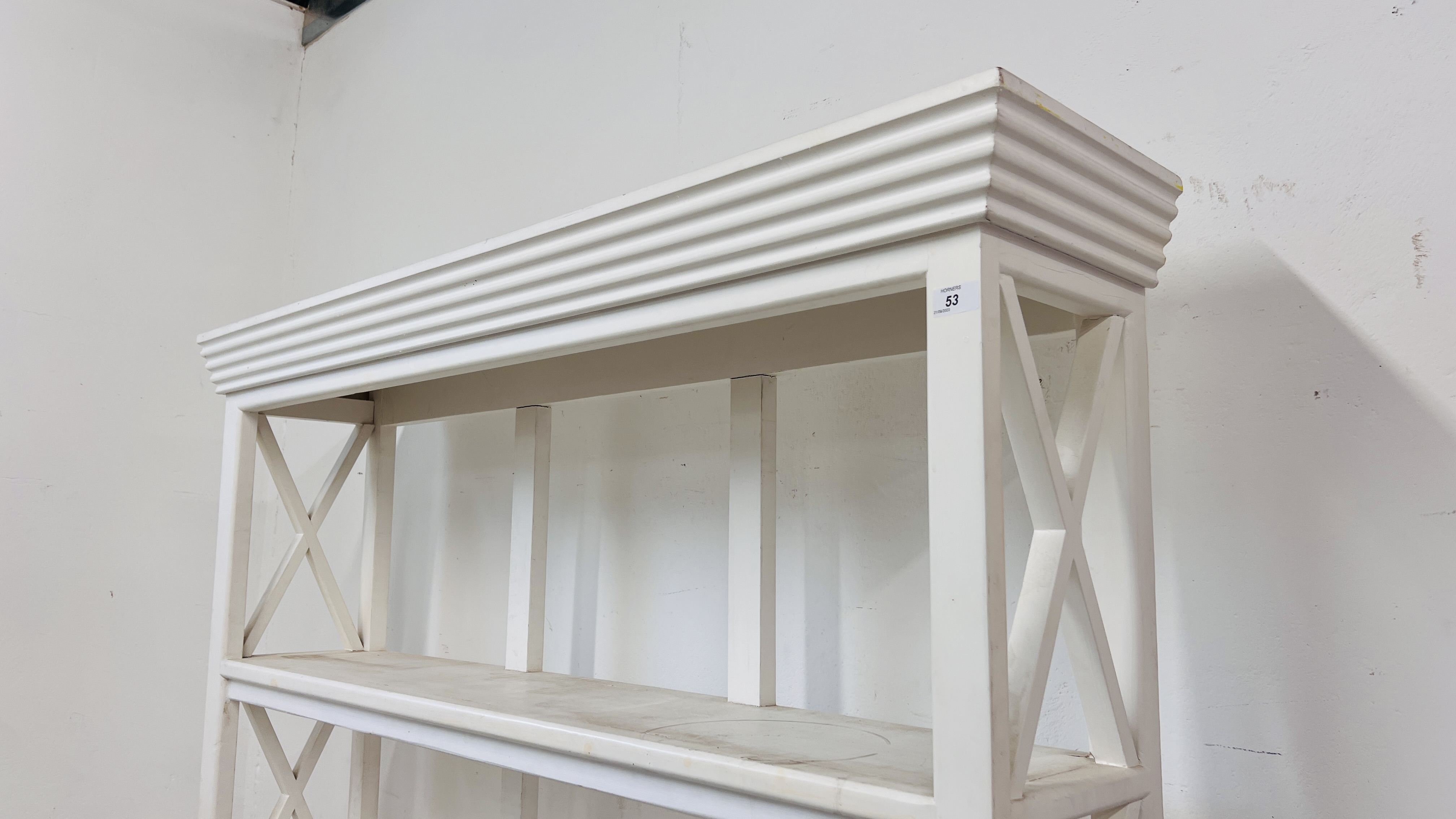 A WHITE PAINTED FOUR TIER BOOKSHELF WITH DRAWERS TO BASE - HEIGHT 200CM. WIDTH 132CM. DEPTH 30CM. - Image 4 of 12