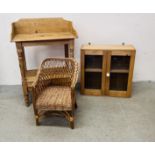 A VINTAGE WAXED PINE WASH STAND W 62CM X D 38CM X H 87CM CANE CHILD'S CHAIR AND A VINTAGE PINE TWO