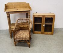 A VINTAGE WAXED PINE WASH STAND W 62CM X D 38CM X H 87CM CANE CHILD'S CHAIR AND A VINTAGE PINE TWO