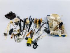 A BOX OF ASSORTED COLLECTIBLES TO INCLUDE VINTAGE HOOKS, GLOVE STRETCHERS,