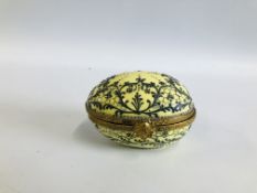 A LE TALLEC PORCELAIN EGG SHAPED TRINKET BOX, L 9CM.