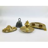 A GROUP OF 3 VINTAGE BRASS INKWELLS TO INCLUDE ONE IN THE ART NOUVEAU STYLE + A FURTHER PEWTER